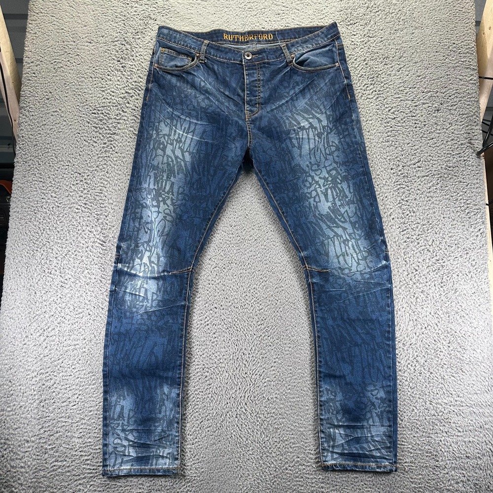 Rutherford 3D ARC Technology Jeans Mens 40x34 Blue Graffiti Denim Straight Faded